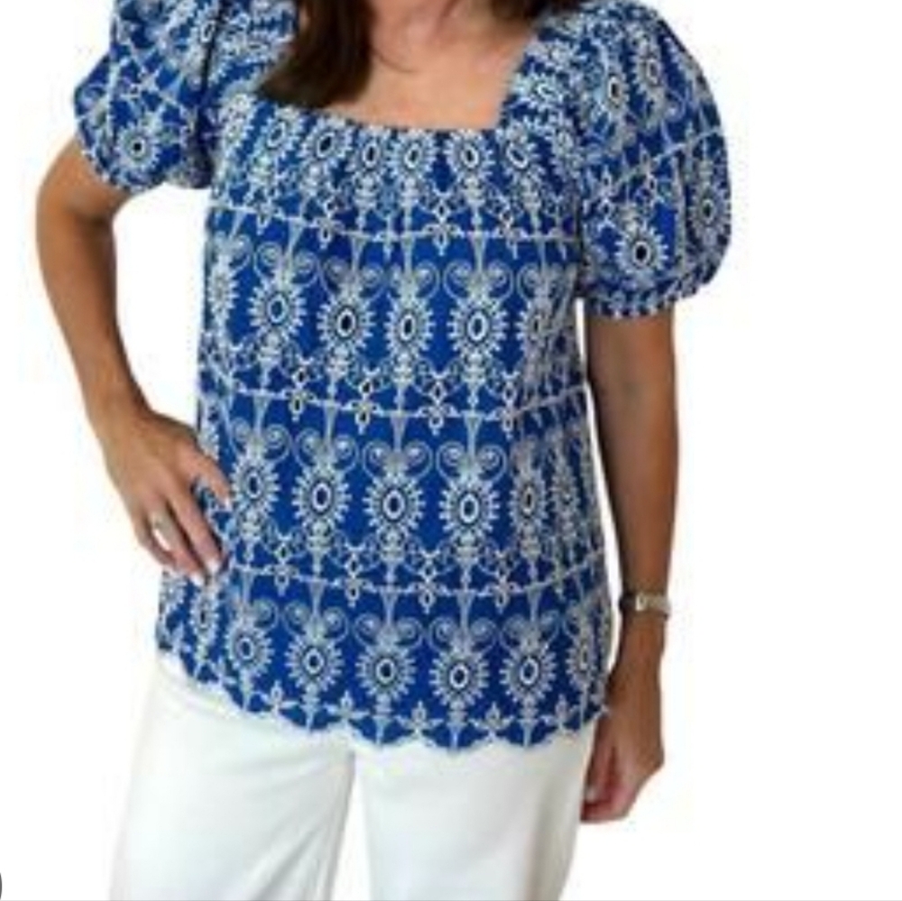 Jade Melody Tam Royal Head In The Clouds Puff Sleeve Embroidered Top Large $172